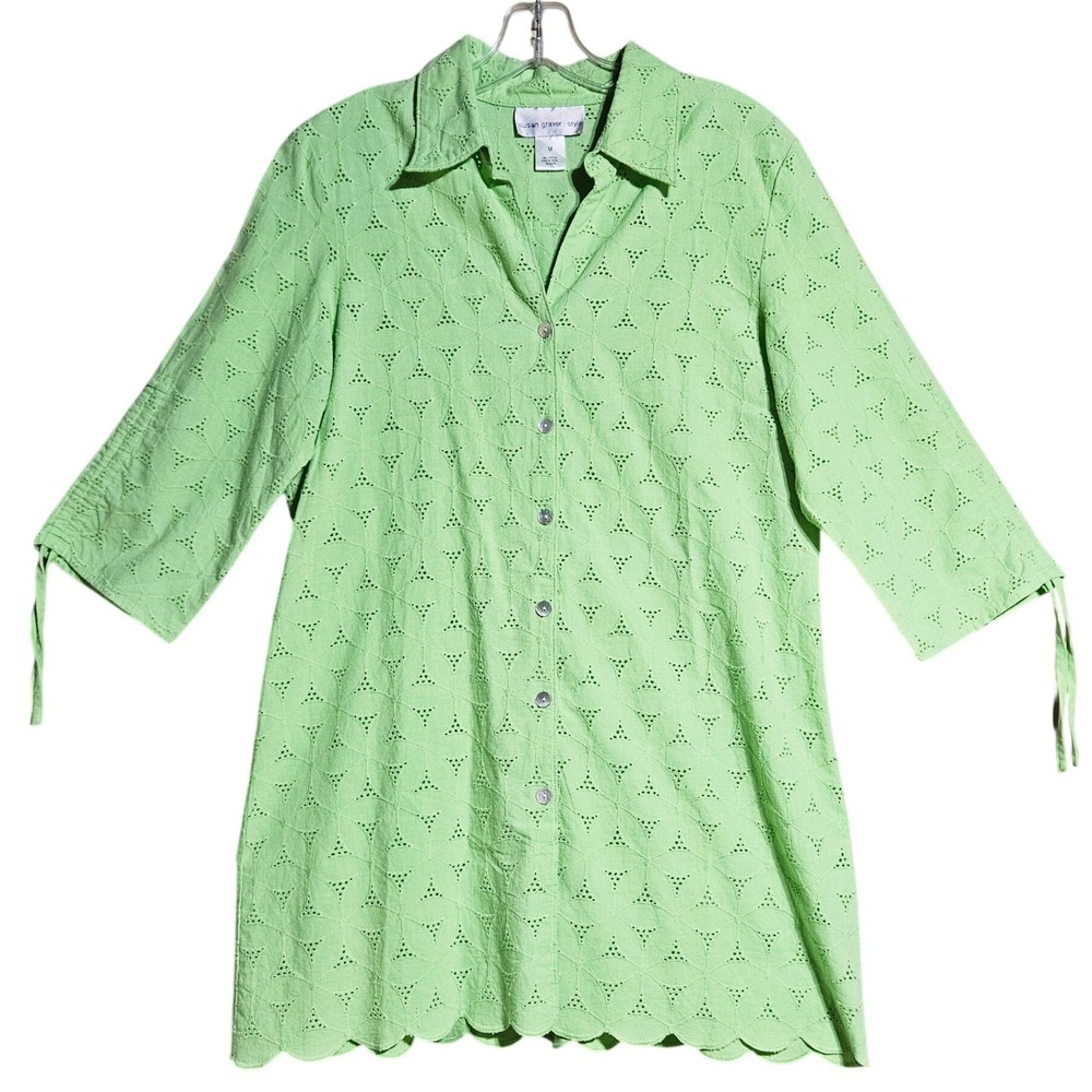 Susan Graver Lime Green Eyelet Cotton Button Tunic M Coastal Resortwear Vacation